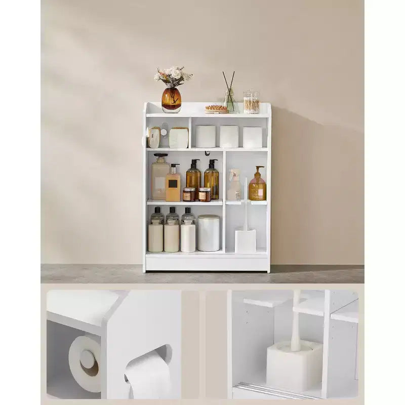 Meuble de rangement de salle de bain fin avec portes coulissantes, porte-rouleau de papier toilette et étagères réglables