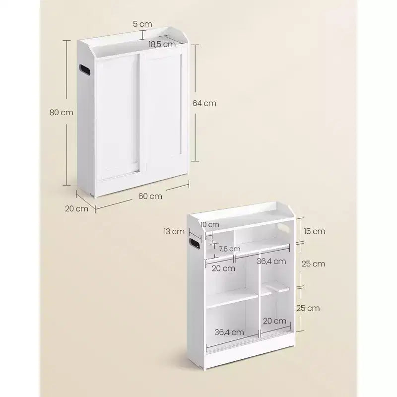 Meuble de rangement de salle de bain fin avec portes coulissantes, porte-rouleau de papier toilette et étagères réglables
