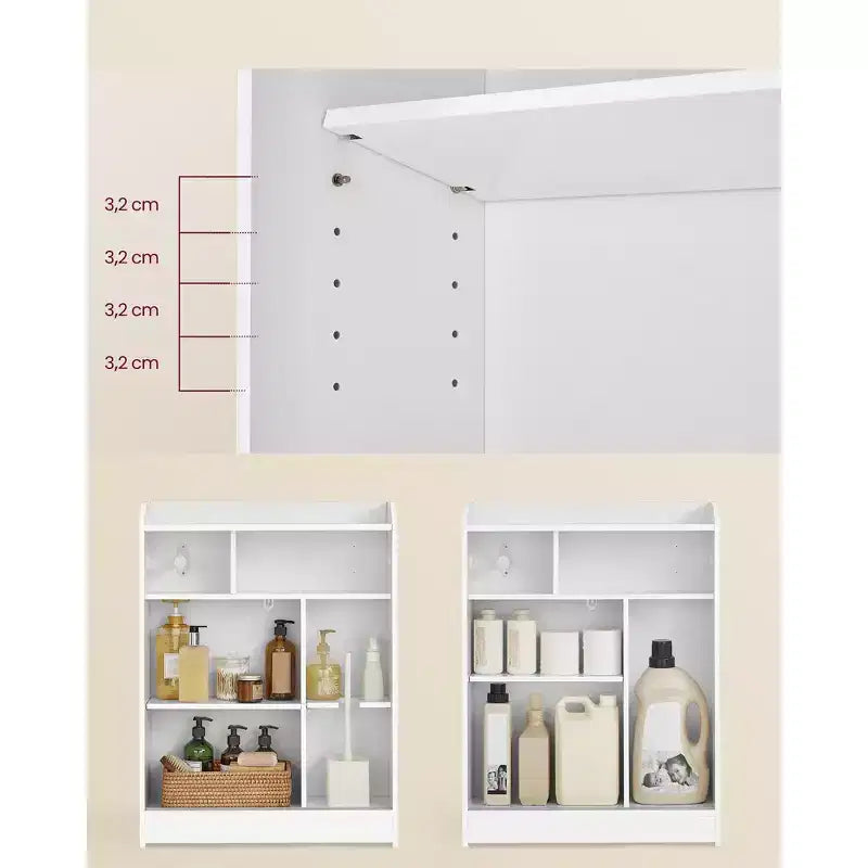 Meuble de rangement de salle de bain fin avec portes coulissantes, porte-rouleau de papier toilette et étagères réglables