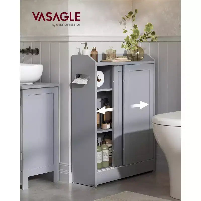 Meuble de rangement de salle de bain fin avec portes coulissantes, porte-rouleau de papier toilette et étagères réglables