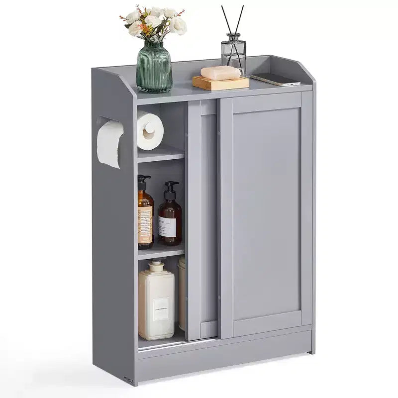 Meuble de rangement de salle de bain fin avec portes coulissantes, porte-rouleau de papier toilette et étagères réglables
