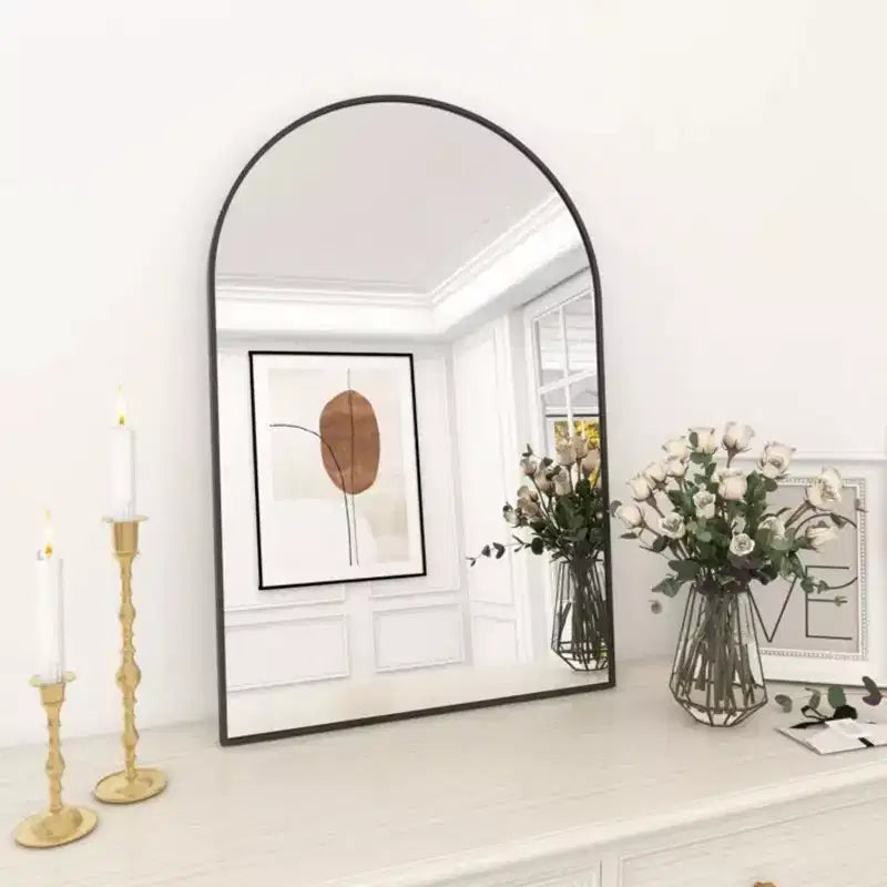 Miroir de cheminée cintré 24 x 36, Noir/Doré-HOMLUX : Cadre métallique, Montage mural, Décoration moderne