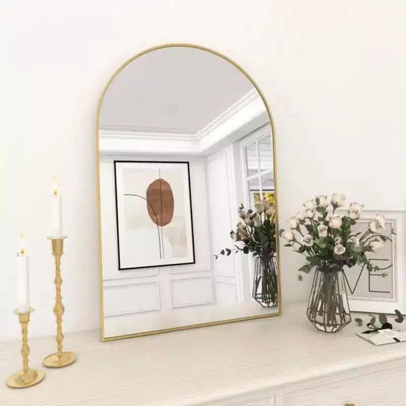 Miroir de cheminée cintré 24 x 36, Noir/Doré-HOMLUX : Cadre métallique, Montage mural, Décoration moderne